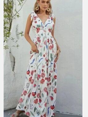 MISS SPARKLING Deep V Maxi Dress with Shoulder Ties Small - Excellent